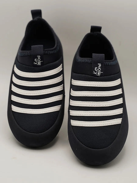Kids' navy blue slip-on sneakers with white elastic stripes, Jaipur