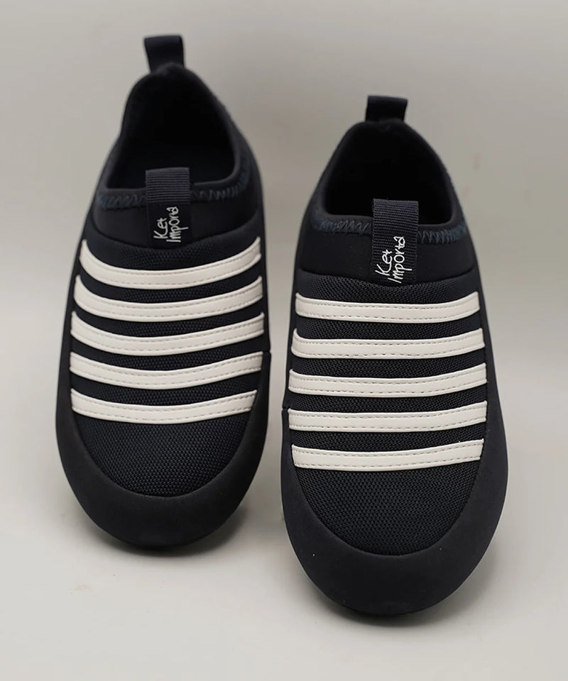 Kids' navy blue slip-on sneakers with white elastic stripes, Jaipur