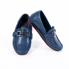 Kids' navy blue textured loafers with designer buckle and red sole, Jaipur
