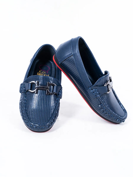 Kids' navy blue textured loafers with designer buckle and red sole, Jaipur