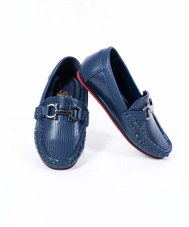 Kids' navy blue textured loafers with designer buckle and red sole, Jaipur