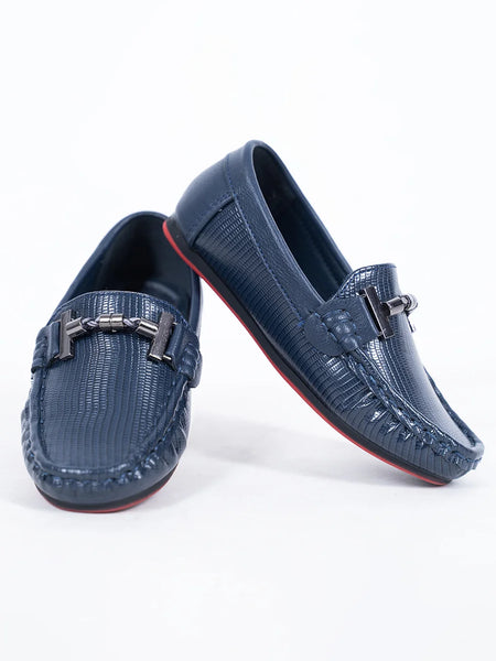 Kids' navy blue textured loafers with metal buckle and red sole, Jaipur