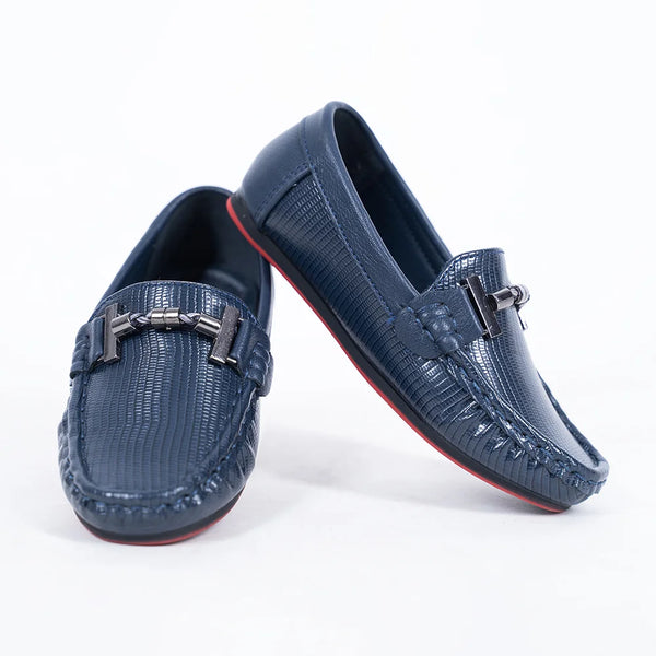 Kids' navy blue textured loafers with metal buckle and red sole, Jaipur