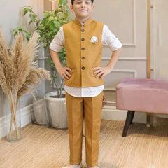 Mustard Colored Waist Coat Set with White Printed Shirt for Boys | Jaipur