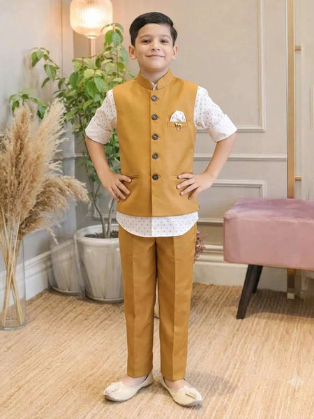 Mustard Colored Waist Coat Set with White Printed Shirt for Boys | Jaipur