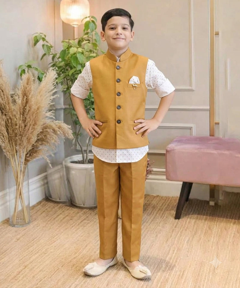 Mustard Colored Waist Coat Set with White Printed Shirt for Boys | Jaipur