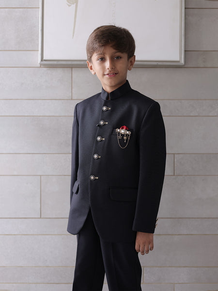 Designer black boys Jodhpuri suit, stylish buttons and pocket detailing, Jaipur store