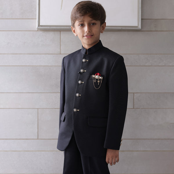 Designer black boys Jodhpuri suit, stylish buttons and pocket detailing, Jaipur store