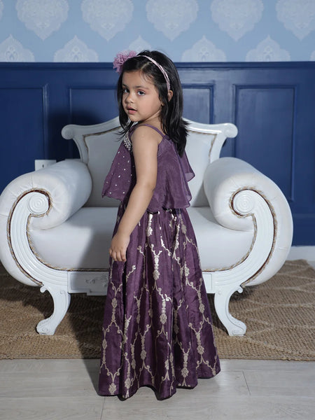 Party wear purple sharara set for girls featuring embellished top and wide-leg pants, Jaipur