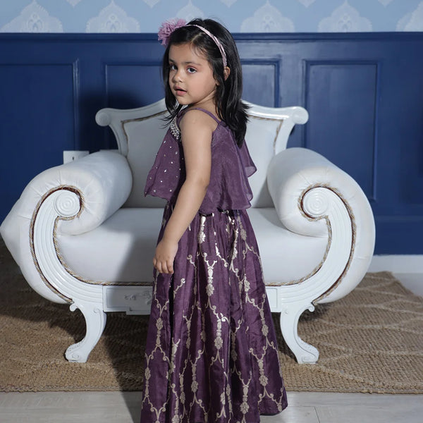 Party wear purple sharara set for girls featuring embellished top and wide-leg pants, Jaipur