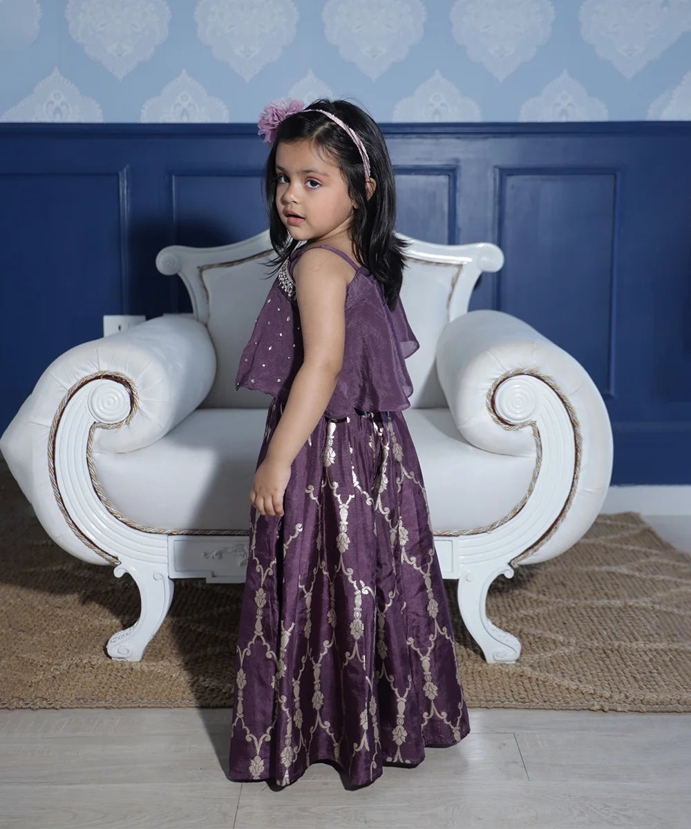 Party wear purple sharara set for girls featuring embellished top and wide-leg pants, Jaipur