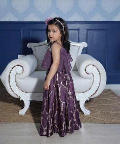 Party wear purple sharara set for girls featuring embellished top and wide-leg pants, Jaipur