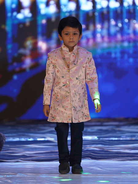Boys peach jodhpuri sherwani set, mandarin collar, white pyjama, Jaipur partywear