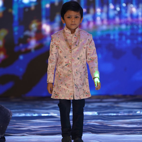 Boys peach jodhpuri sherwani set, mandarin collar, white pyjama, Jaipur partywear