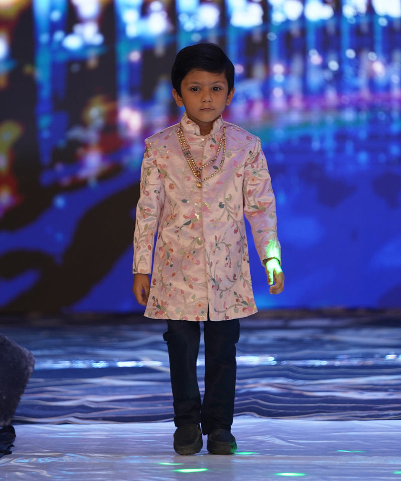 Boys peach jodhpuri sherwani set, mandarin collar, white pyjama, Jaipur partywear