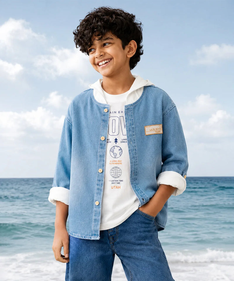 Boys Blue Denim Hoodife Shirt For Wedding
