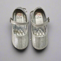 Kids' glittery silver ballerina shoes featuring a decorative floral accent and quilted insole, Jaipur