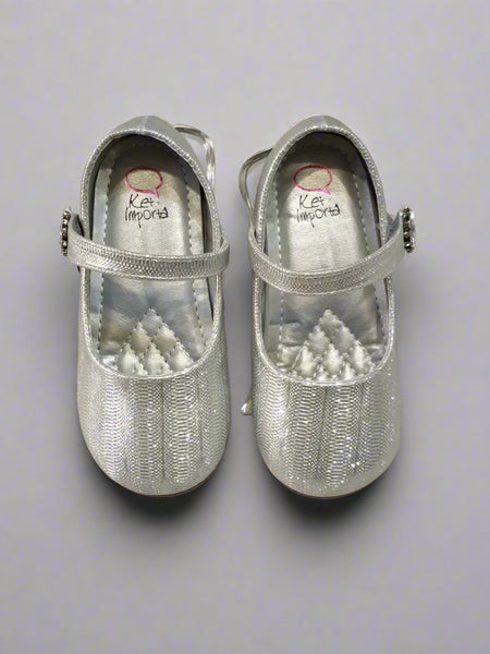 Kids' glittery silver ballerina shoes featuring a decorative floral accent and quilted insole, Jaipur