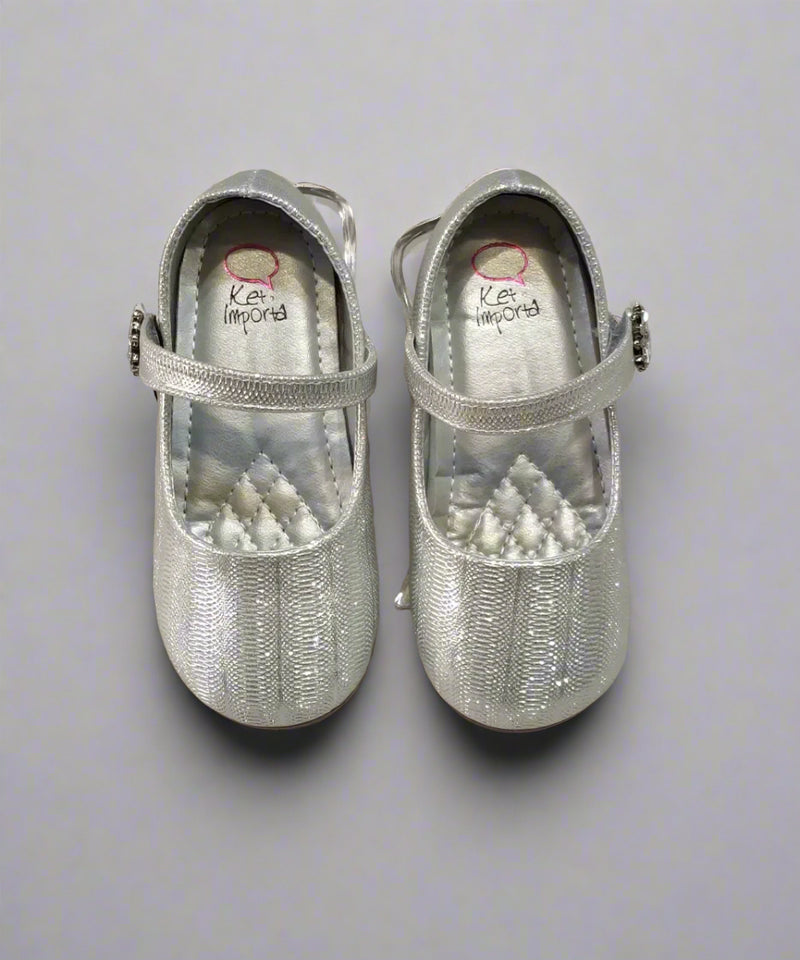 Kids' glittery silver ballerina shoes featuring a decorative floral accent and quilted insole, Jaipur