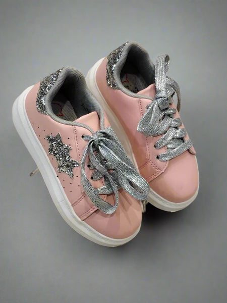 Pink girls' sneakers with silver glitter star and metallic laces, Jaipur, ages 1–8 years