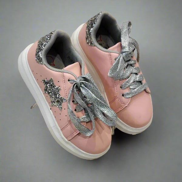 Pink girls' sneakers with silver glitter star and metallic laces, Jaipur, ages 1–8 years
