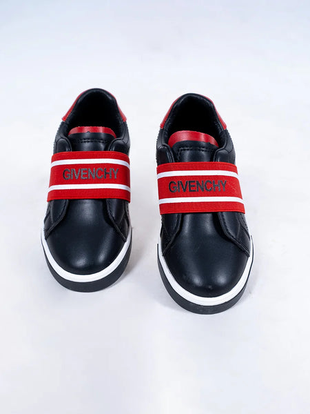 Kids' designer-inspired black sneakers featuring bold red band and cushioned sole, Jaipur