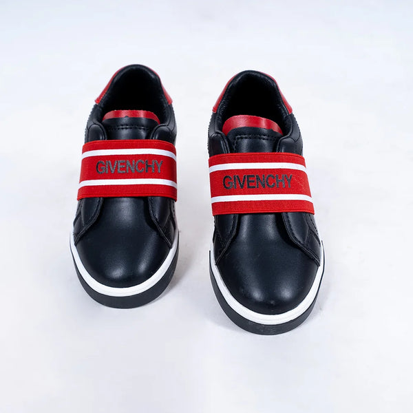 Kids' designer-inspired black sneakers featuring bold red band and cushioned sole, Jaipur