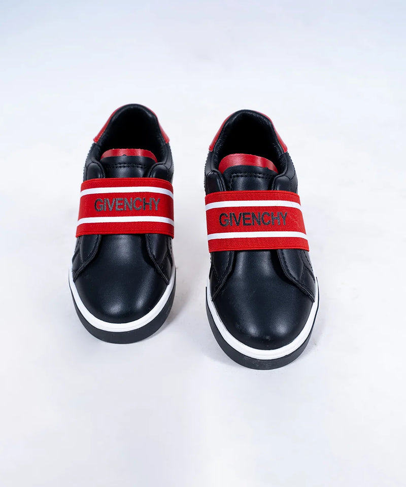 Kids' designer-inspired black sneakers featuring bold red band and cushioned sole, Jaipur