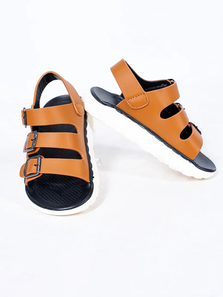Kids' tan triple buckle sandals with black footbed and white sole, Jaipur

