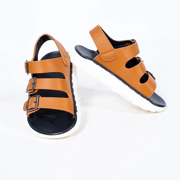 Kids' tan triple buckle sandals with black footbed and white sole, Jaipur

