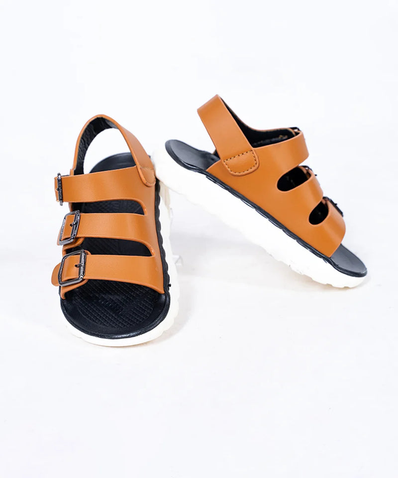 Kids' tan triple buckle sandals with black footbed and white sole, Jaipur

