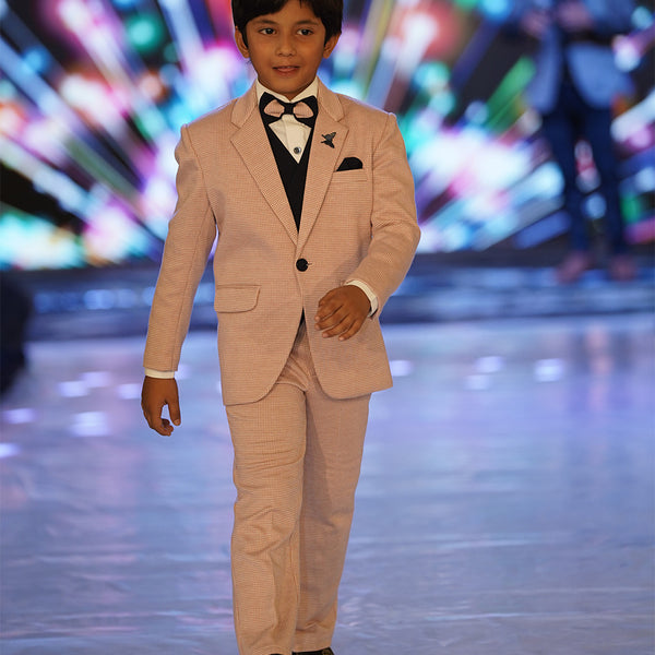 Checked pink coat pant set with navy bow and waistcoat Jaipur children event