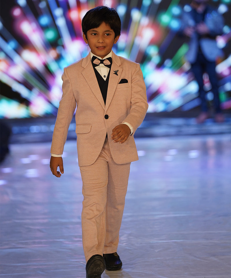 Checked pink coat pant set with navy bow and waistcoat Jaipur children event