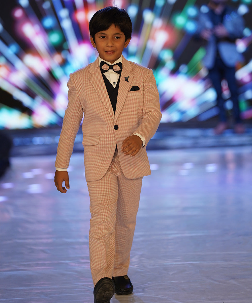 Checked pink coat pant set with navy bow and waistcoat Jaipur children event