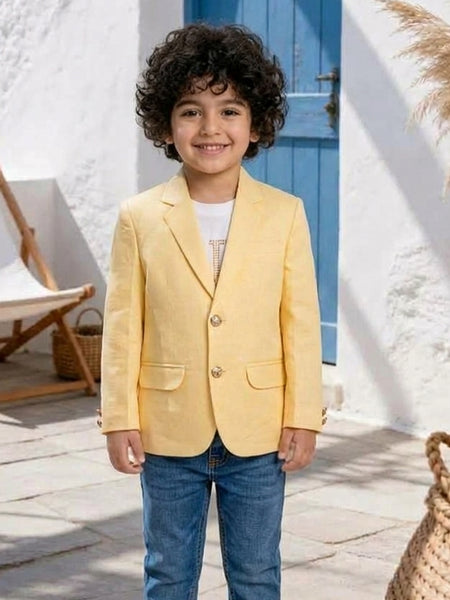 Lemon Yellow Colored Linen Blazer with White T-Shirt | Jaipur