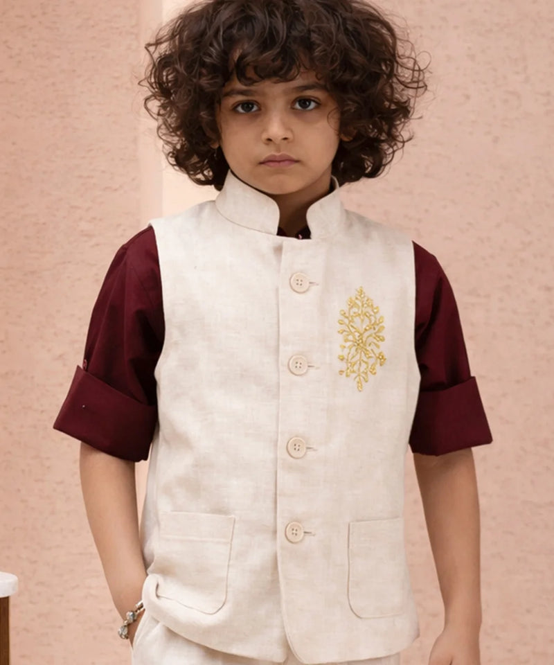 Boys Ivory Ethnic Waistcoat Suit Set for Wedding & Reception Jaipur