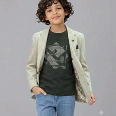 Greyish-White Check-Textured Blazer with a Black T-Shirt for Boys | Jaipur
