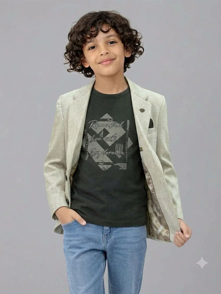 Greyish-White Check-Textured Blazer with a Black T-Shirt for Boys | Jaipur