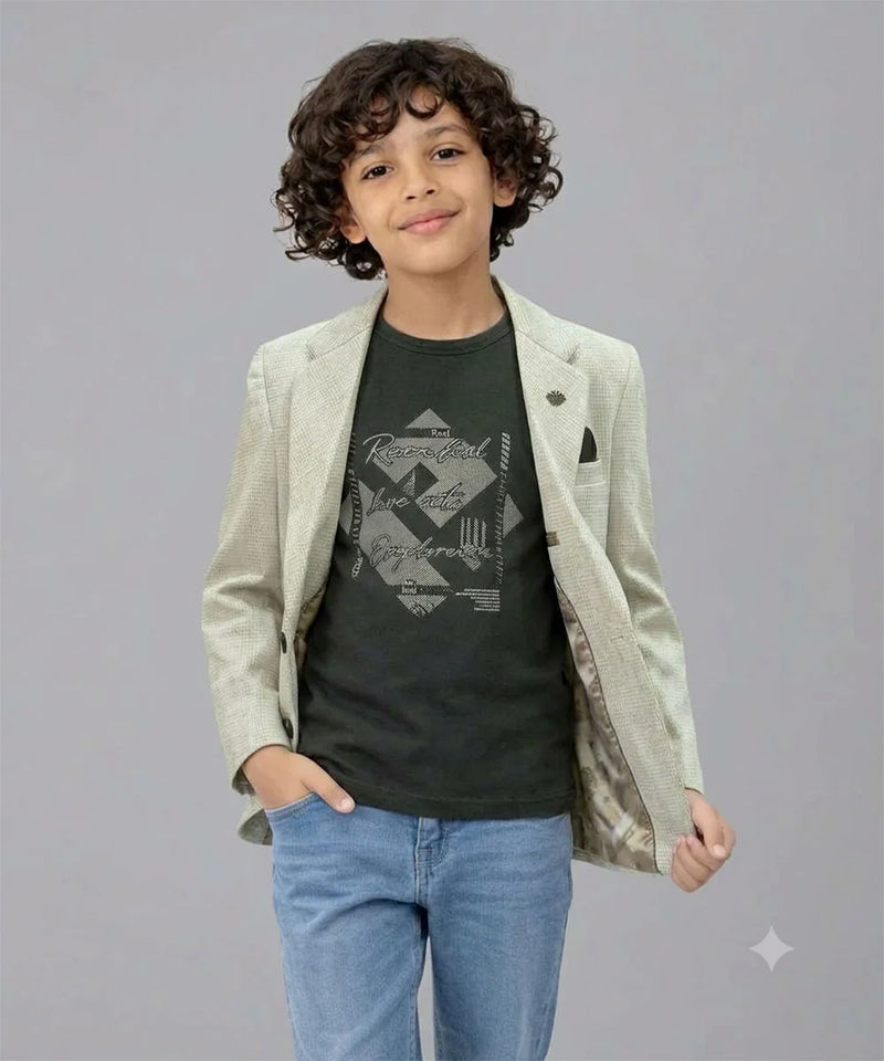 Greyish-White Check-Textured Blazer with a Black T-Shirt for Boys | Jaipur
