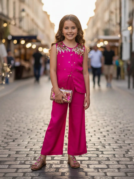 Young girl in a bright pink outfit standing on a street.