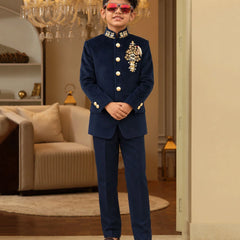 Boys' navy embroidered Jodhpuri suit for weddings by Devils N Angels Jaipur
