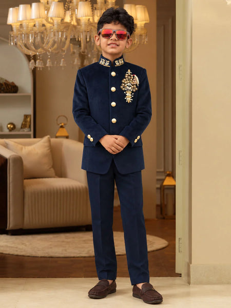 Boys' navy embroidered Jodhpuri suit for weddings by Devils N Angels Jaipur