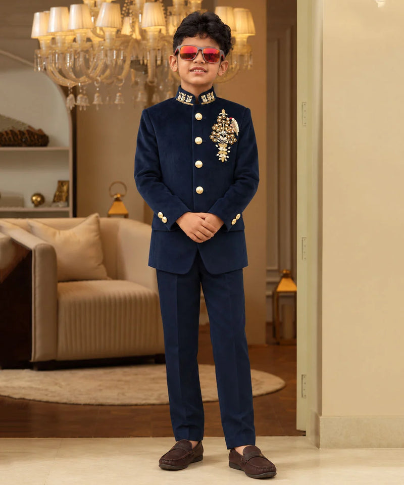 Boys' navy embroidered Jodhpuri suit for weddings by Devils N Angels Jaipur