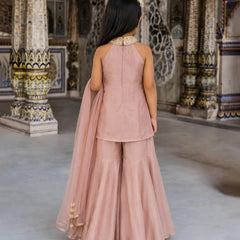 A young girl viewed from behind wearing a dusty pink traditional Indian outfit with a matching dupatta, standing in front of an ornate architectural background with carved pillars.