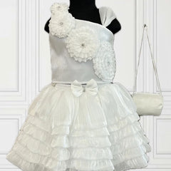 flower detailed fancy white top with white skirt & a bag for baby girls 