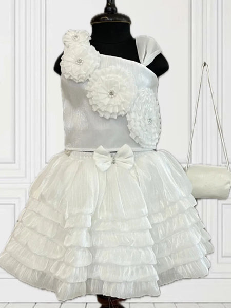 flower detailed fancy white top with white skirt & a bag for baby girls 