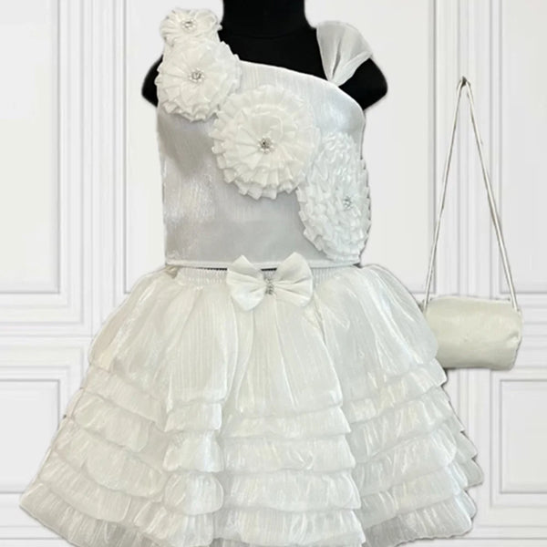 flower detailed fancy white top with white skirt & a bag for baby girls 