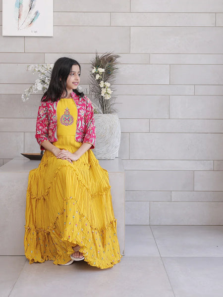 Children’s gown with hand embroidered shrug, best kidswear shop Jaipur
