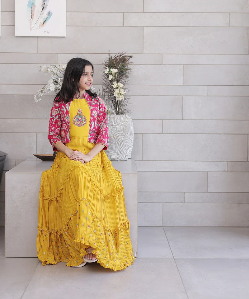 Children’s gown with hand embroidered shrug, best kidswear shop Jaipur