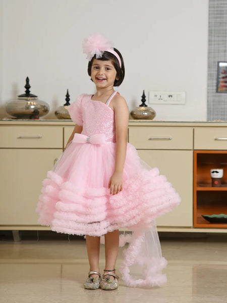 One-shoulder shimmer party frock for girls, Jaipur kidswear boutique